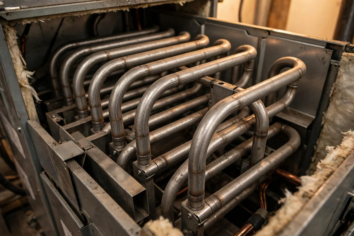 Curved metal heat exchanger tubes inside an open furnace