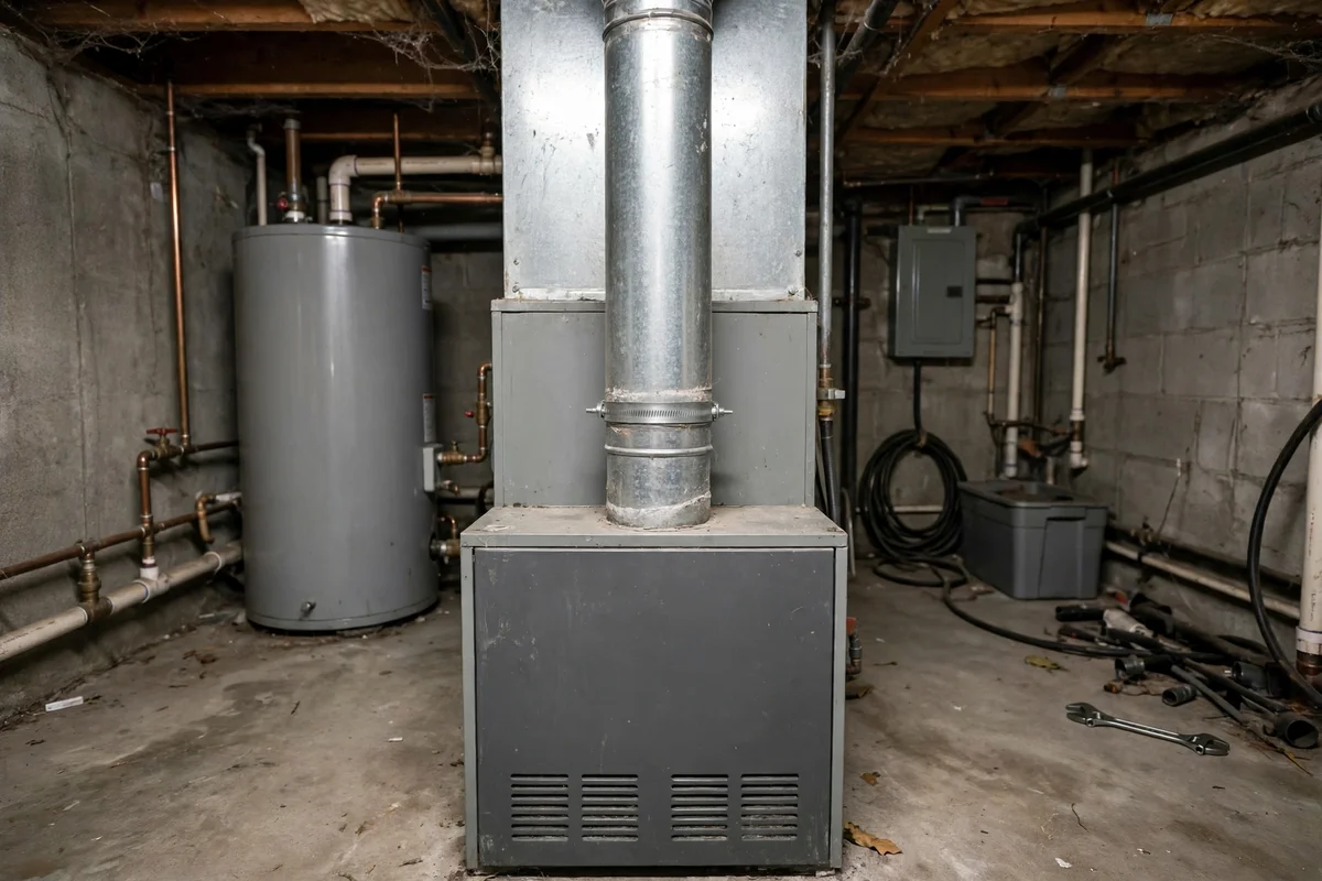 Metal vent flue pipe rising from a furnace in a basement