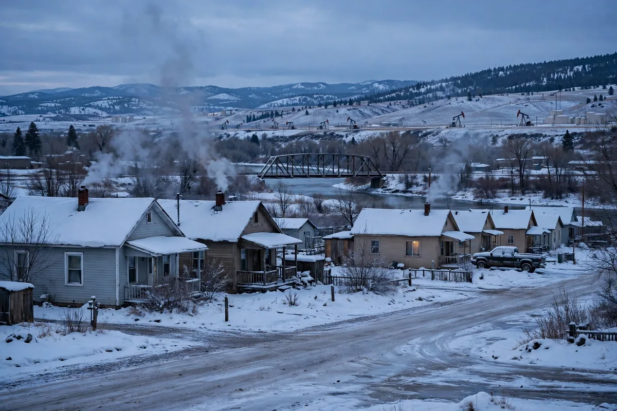 Snow-covered homes near a river bridge with pumpjacks on the hills