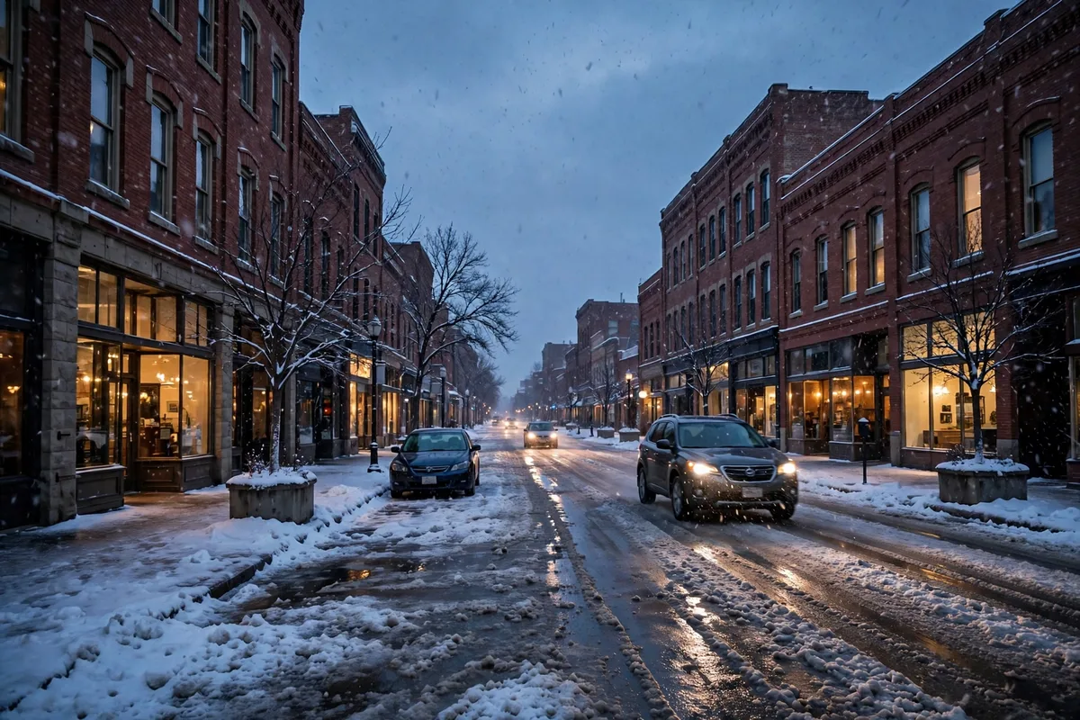 Downtown brick street in snow at dusk with warm shop lights