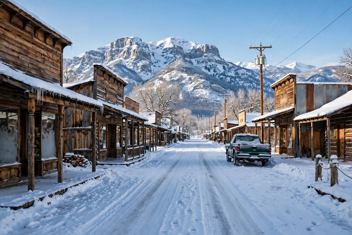 Western main street in snow with a pickup truck and mountains behind