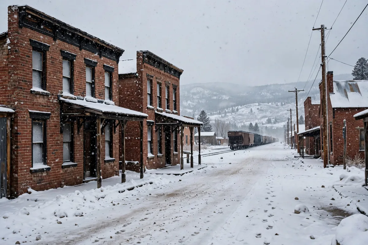 Brick railroad street in falling snow with a freight train in the distance
