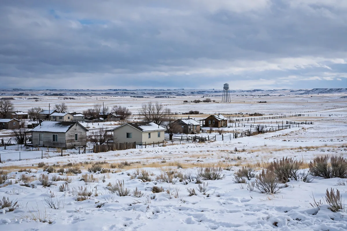 Prairie-edge homes and a water tower under a wide winter sky