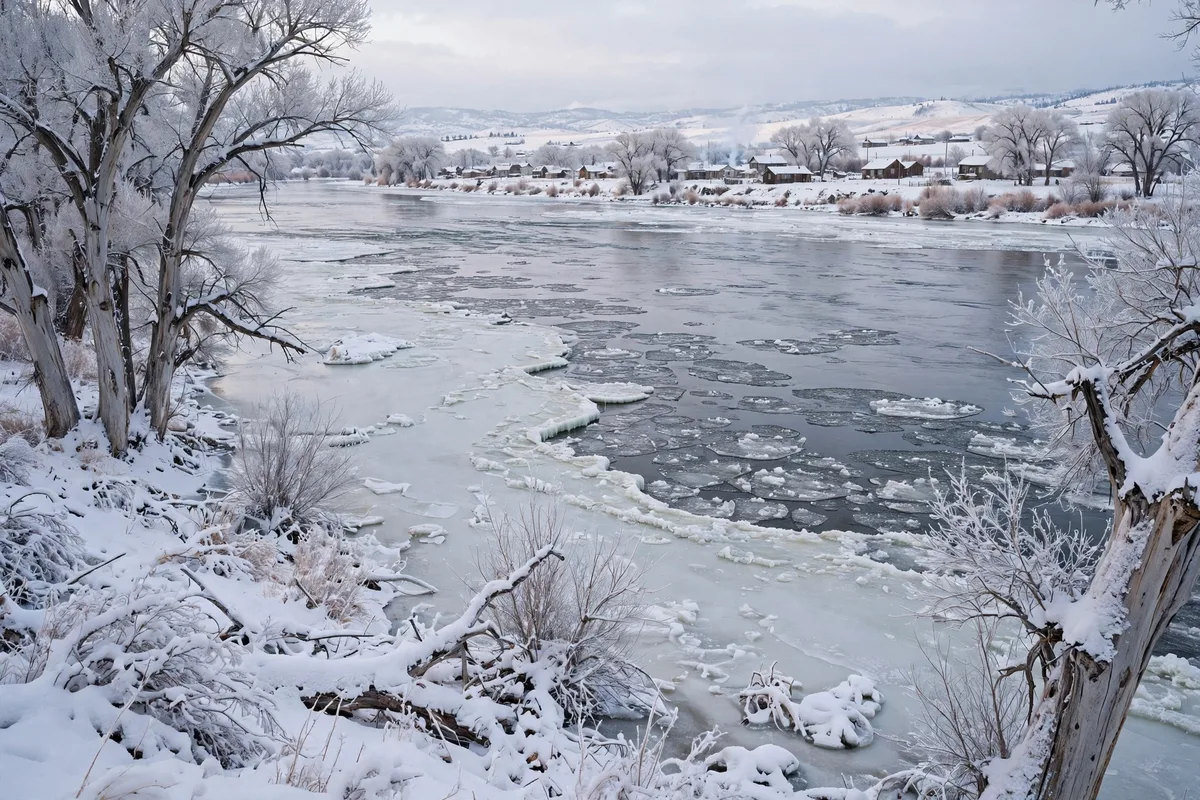 Icy river with frosted trees and homes on the far bank