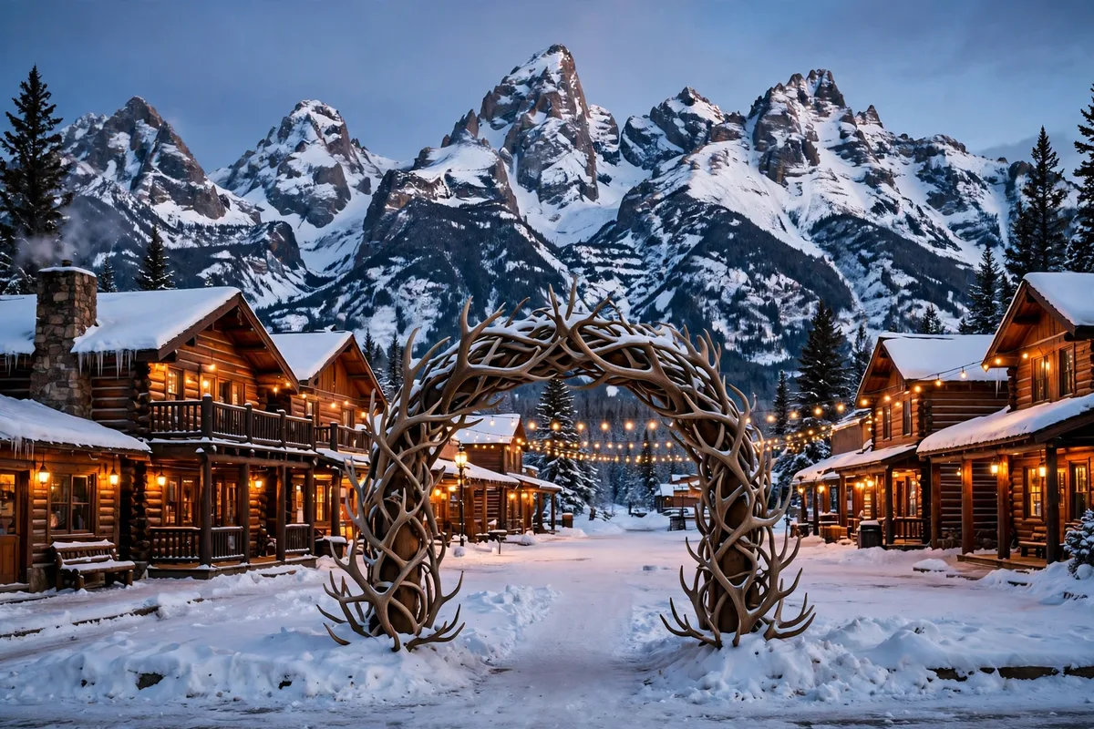 Log town square with an antler arch and snowy mountain peaks behind