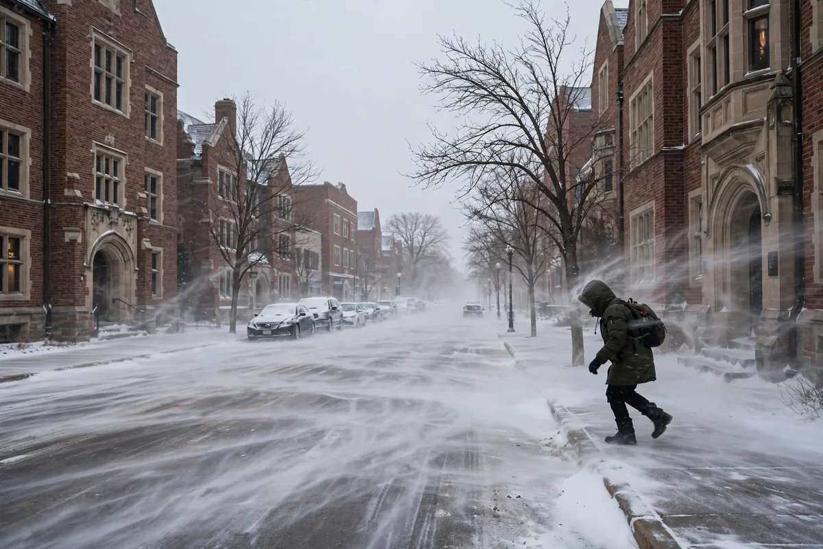 Wind-blown snow across a brick street with a person walking against the wind