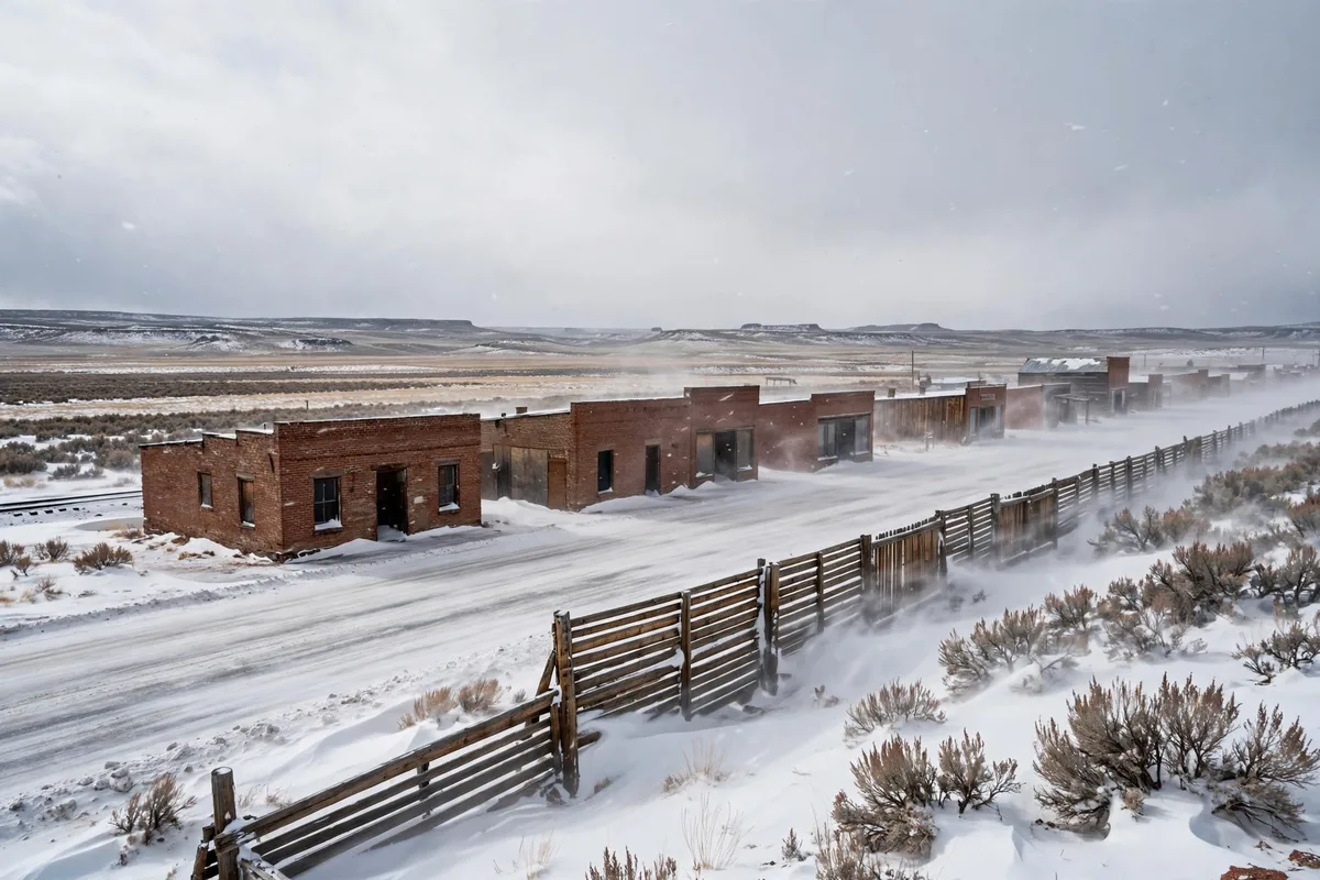 Wind-blown snow across brick buildings and a snow fence on the high plains