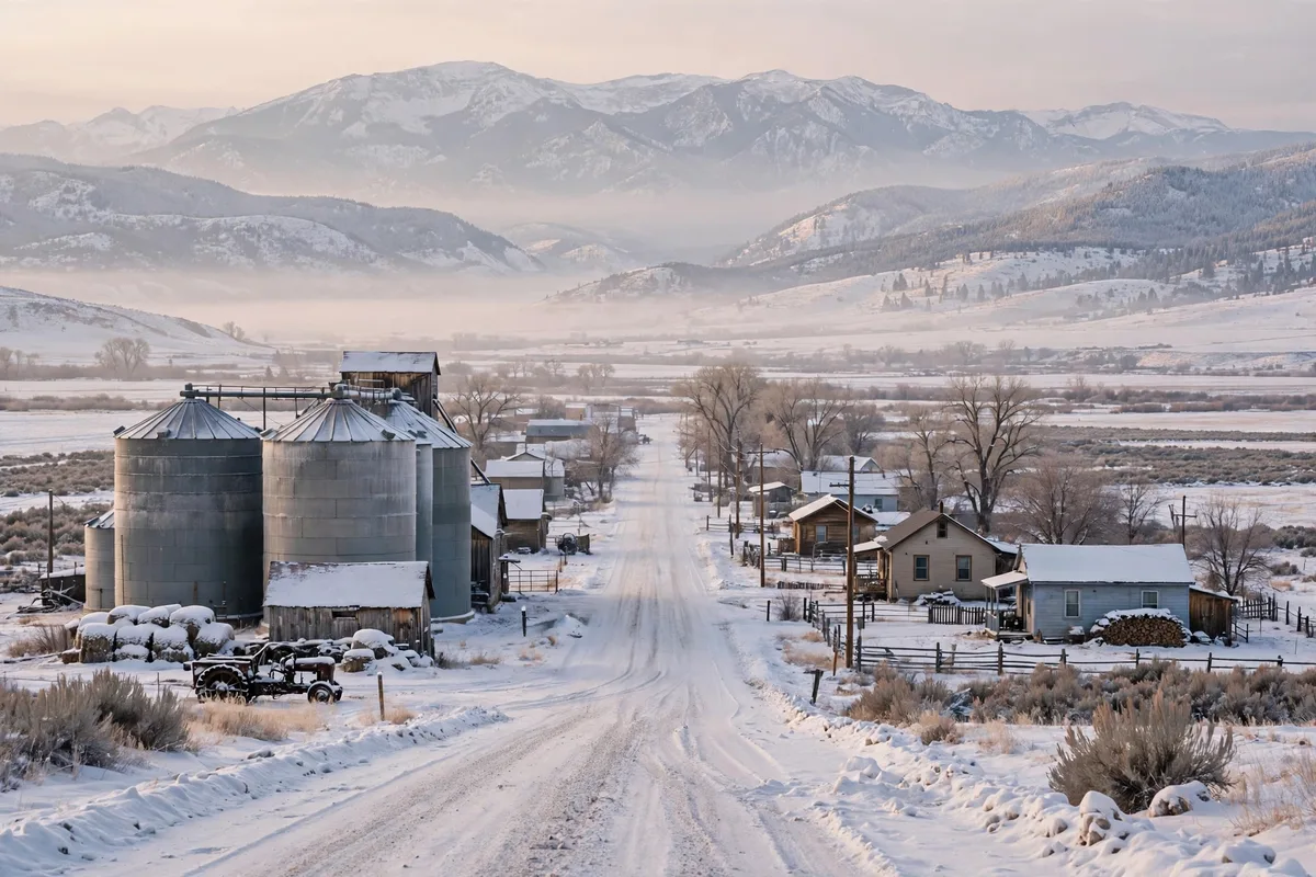 Grain silos beside a snowy valley road with mountains in the distance