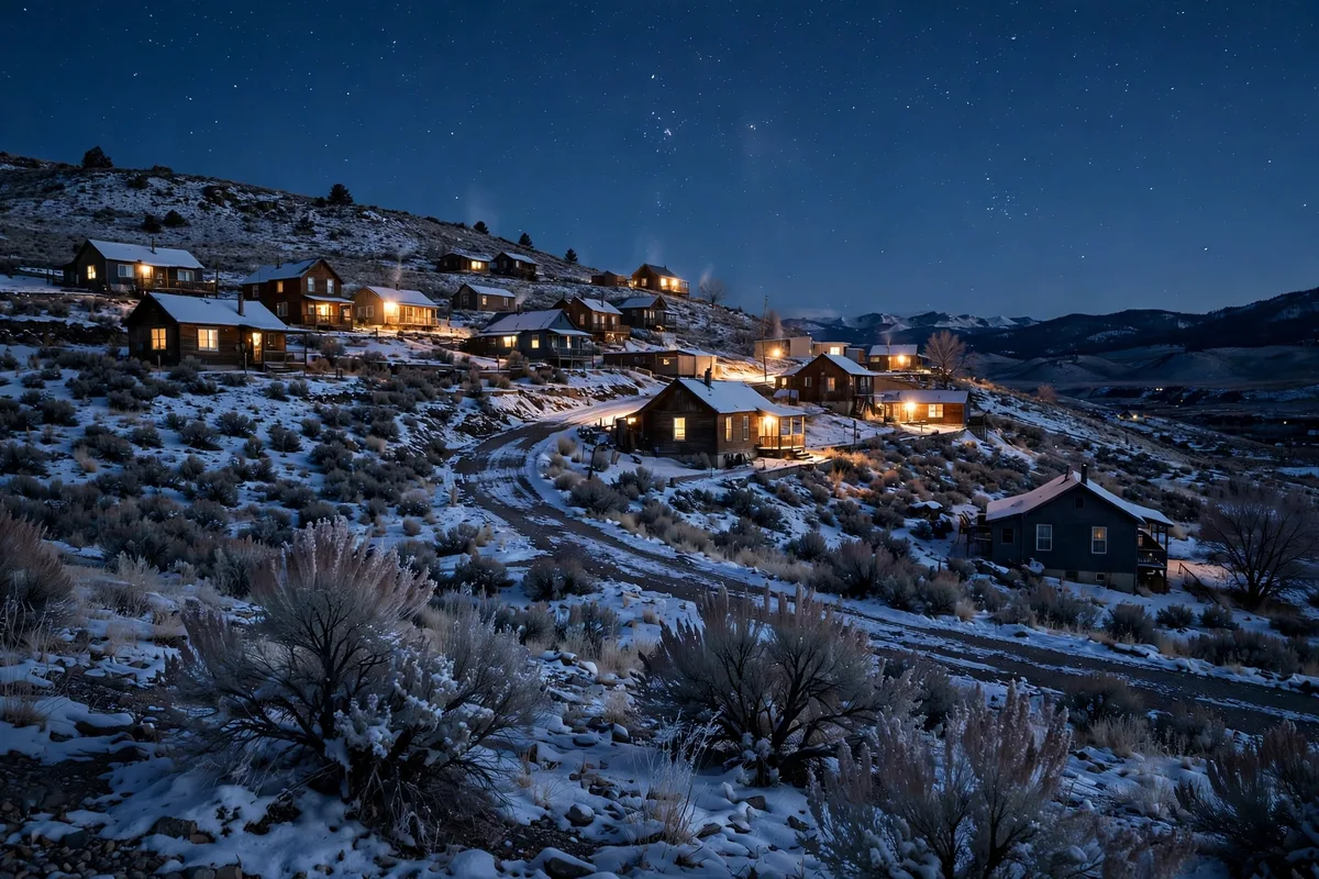 Hillside homes with glowing windows under a starry winter night sky
