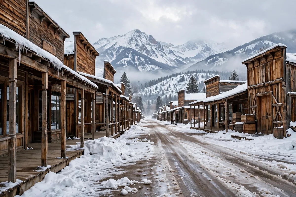 Wooden western main street in snow with mountains behind