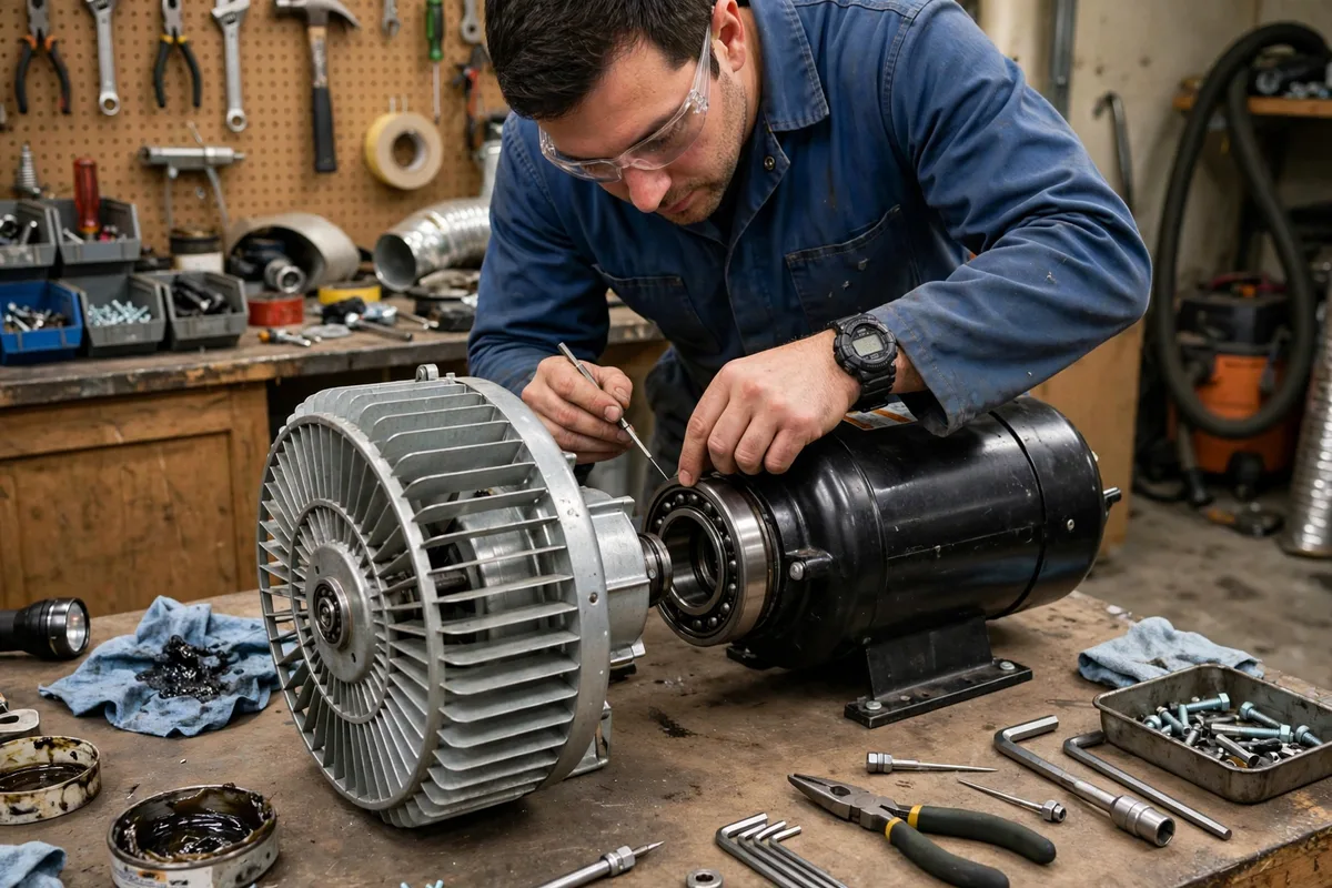 Furnace blower motor and fan assembly on a workbench during inspection
