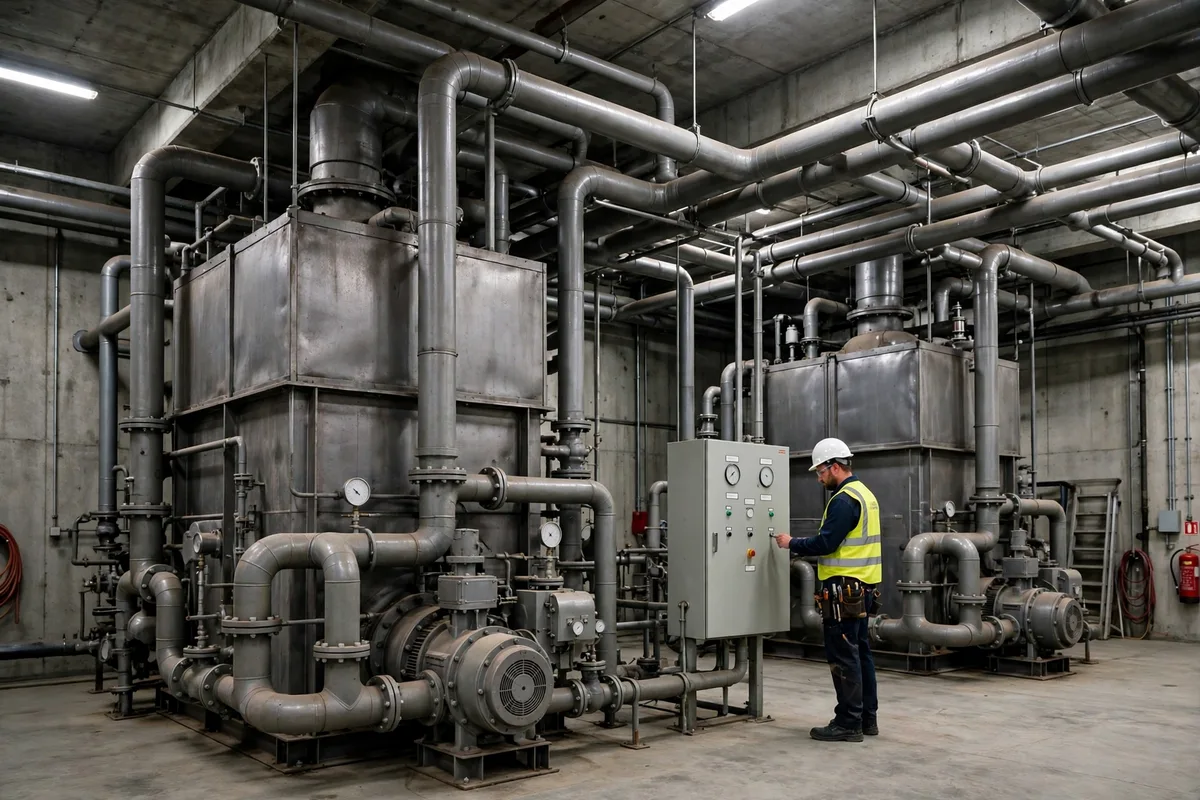 Large commercial heating units and piping with a technician at a control panel