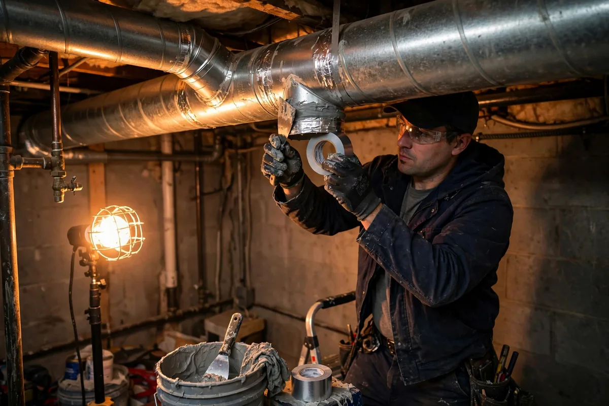 Technician sealing a metal duct joint with tape in a basement