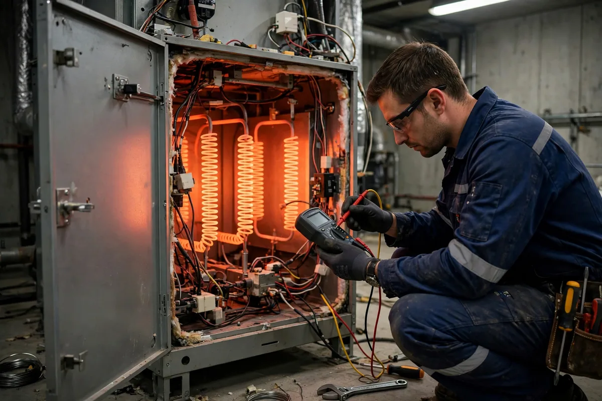 Glowing electric heating elements inside an open furnace while a technician tests with a meter