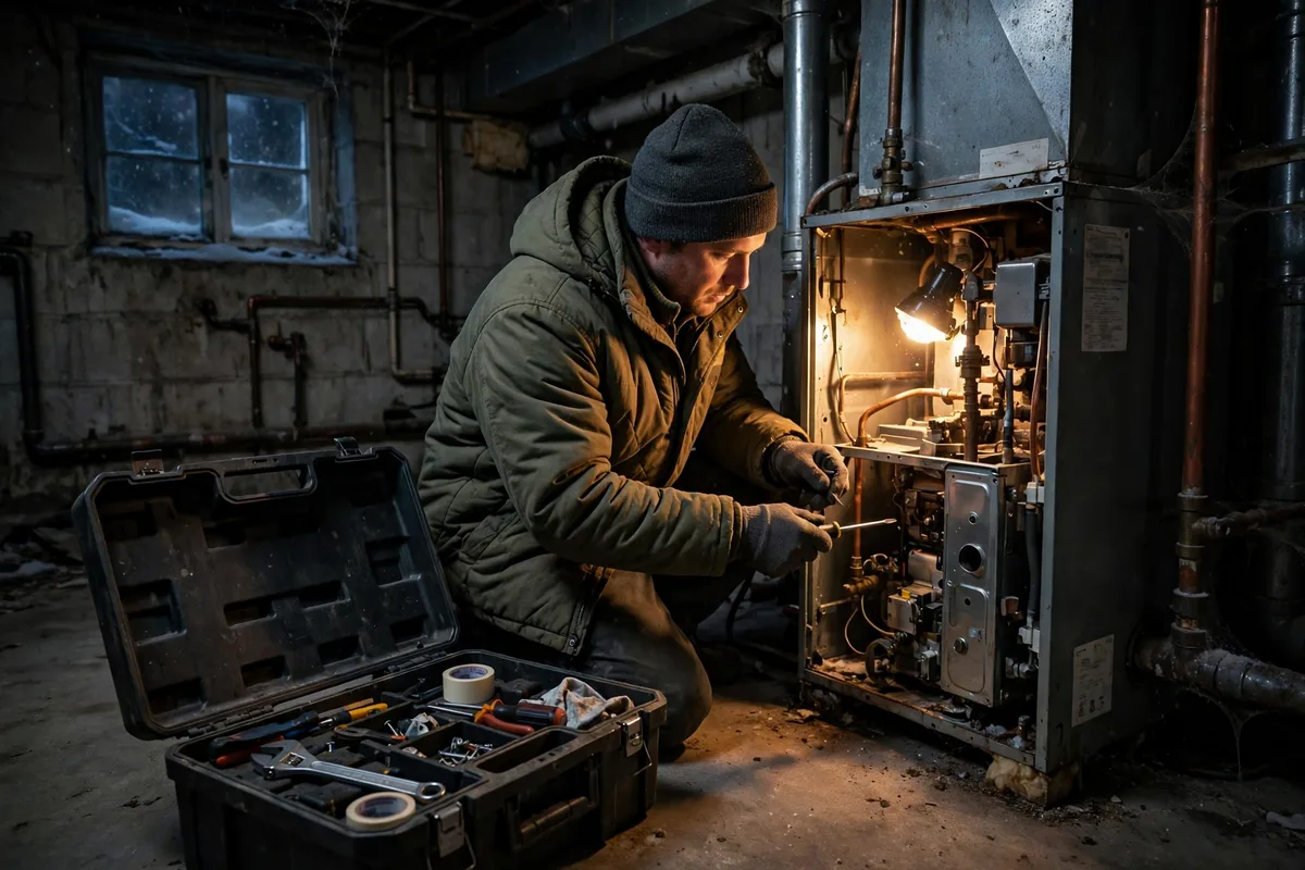 Technician repairing a home furnace in a basement at night with a toolbox beside him