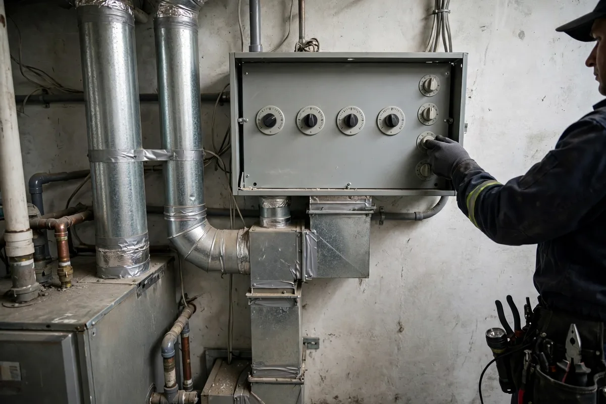 Technician adjusting dials on a home heating zone control panel