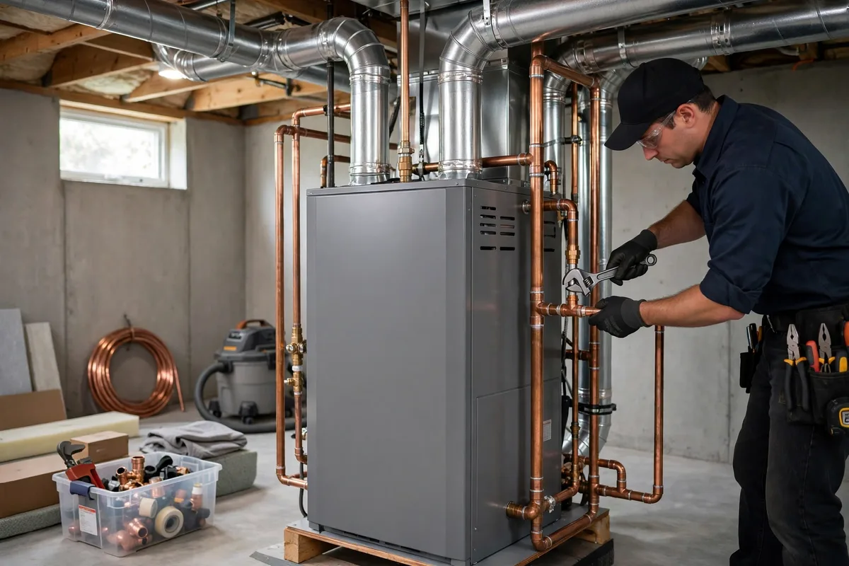 Installer fitting copper pipes on a new gray furnace in a clean basement