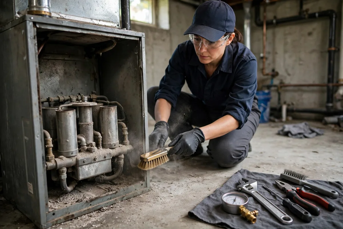 Technician brushing dust from furnace burner parts with tools laid on a cloth