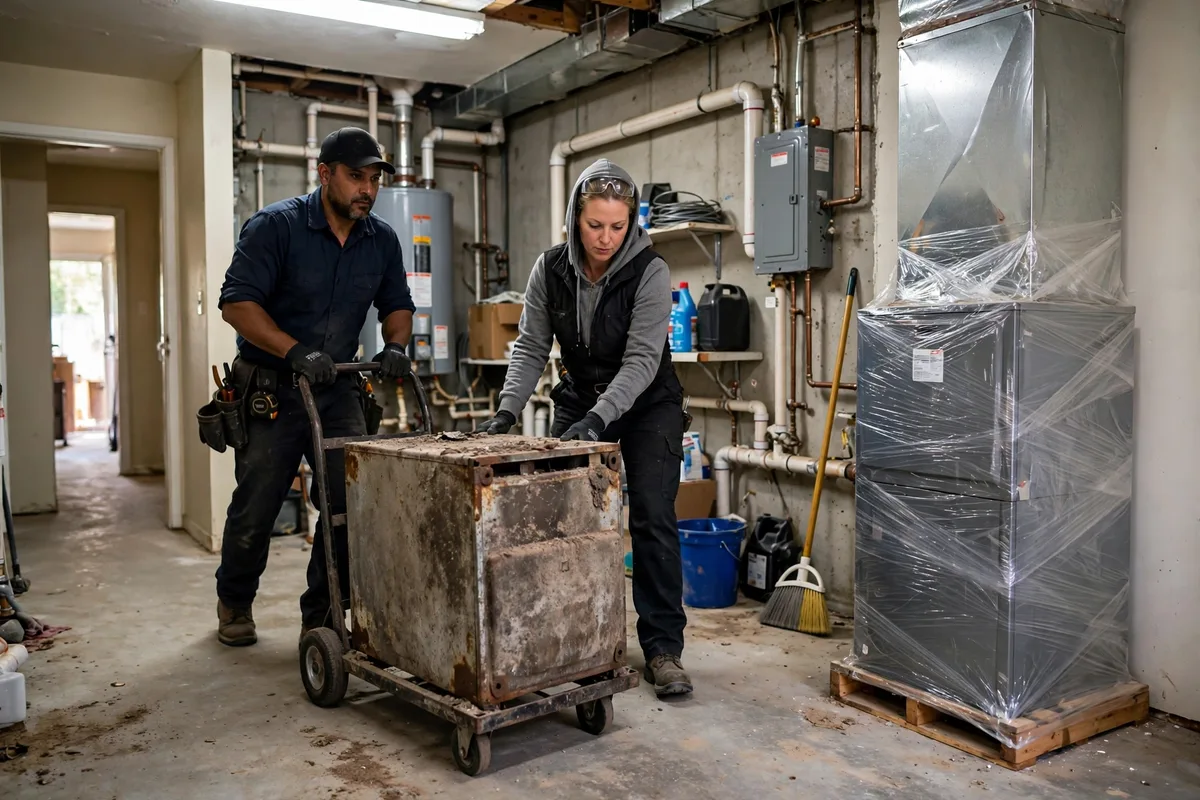 Two workers wheeling an old rusted furnace out on a dolly beside a new wrapped unit