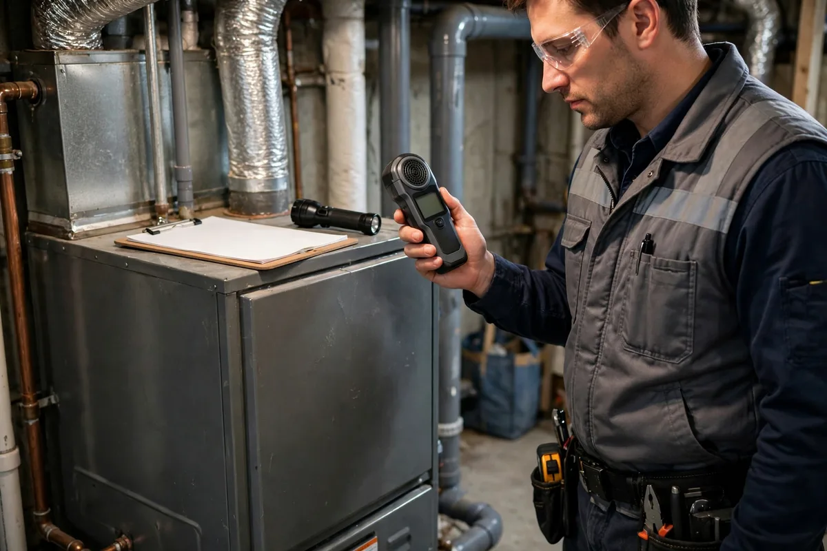 Technician holding a carbon monoxide detector beside a furnace with a clipboard