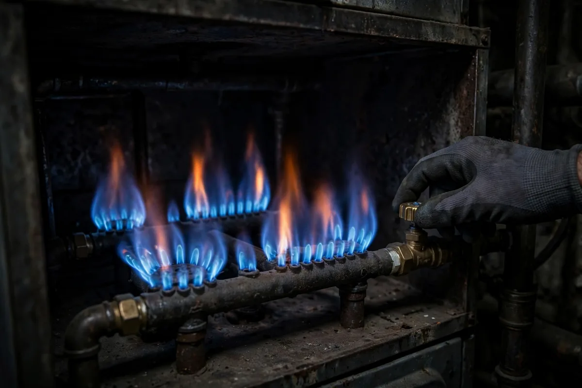 Blue gas burner flames inside an open furnace with a gloved hand on the gas valve