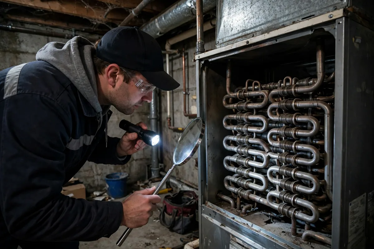 Technician inspecting furnace heat exchanger coils with a flashlight and mirror