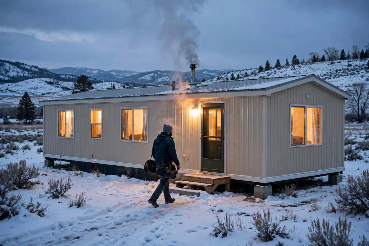 Technician walking toward a manufactured home in snow at dusk with warm windows
