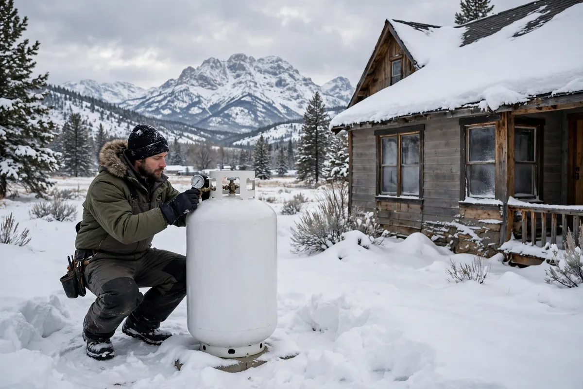 Technician checking a propane tank gauge beside a snowy rural home with mountains behind