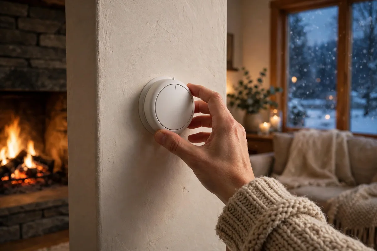 Hand turning a round wall thermostat beside a fireplace on a snowy evening