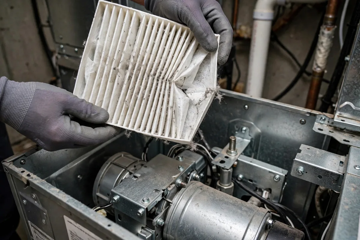 Gloved hands holding a dusty furnace filter above an open furnace