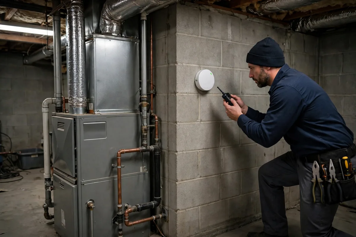 Technician testing a carbon monoxide alarm on a basement wall near a furnace