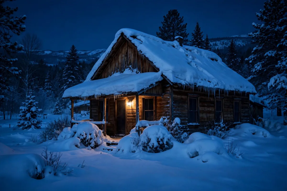 A snow-covered cabin at night with one porch light on