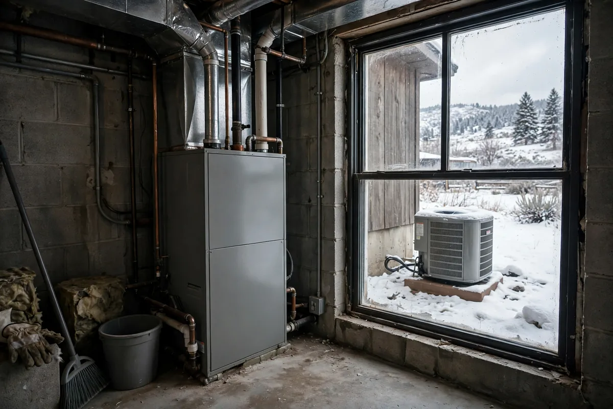 A furnace inside a basement with a heat pump unit in snow outside the window