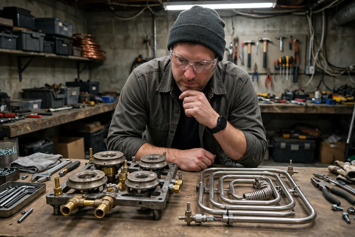 Technician comparing a gas burner assembly and an electric heating element on a workbench