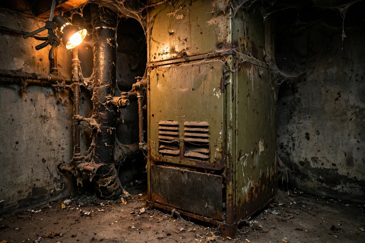 An old rusted furnace with worn paint standing in a dusty basement corner