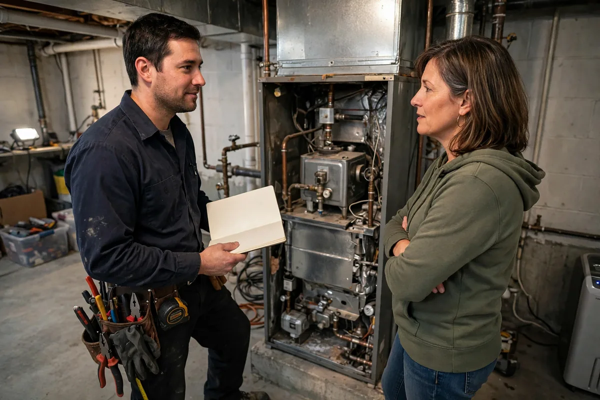 Technician discussing an open furnace with a homeowner