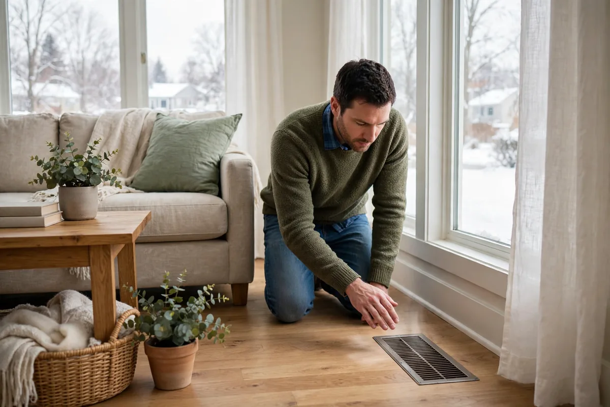 Homeowner kneeling to check the air from a floor vent in a living room