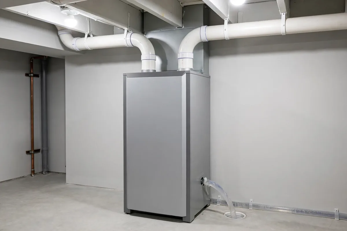 A modern condensing furnace with white PVC vent pipes in a clean basement