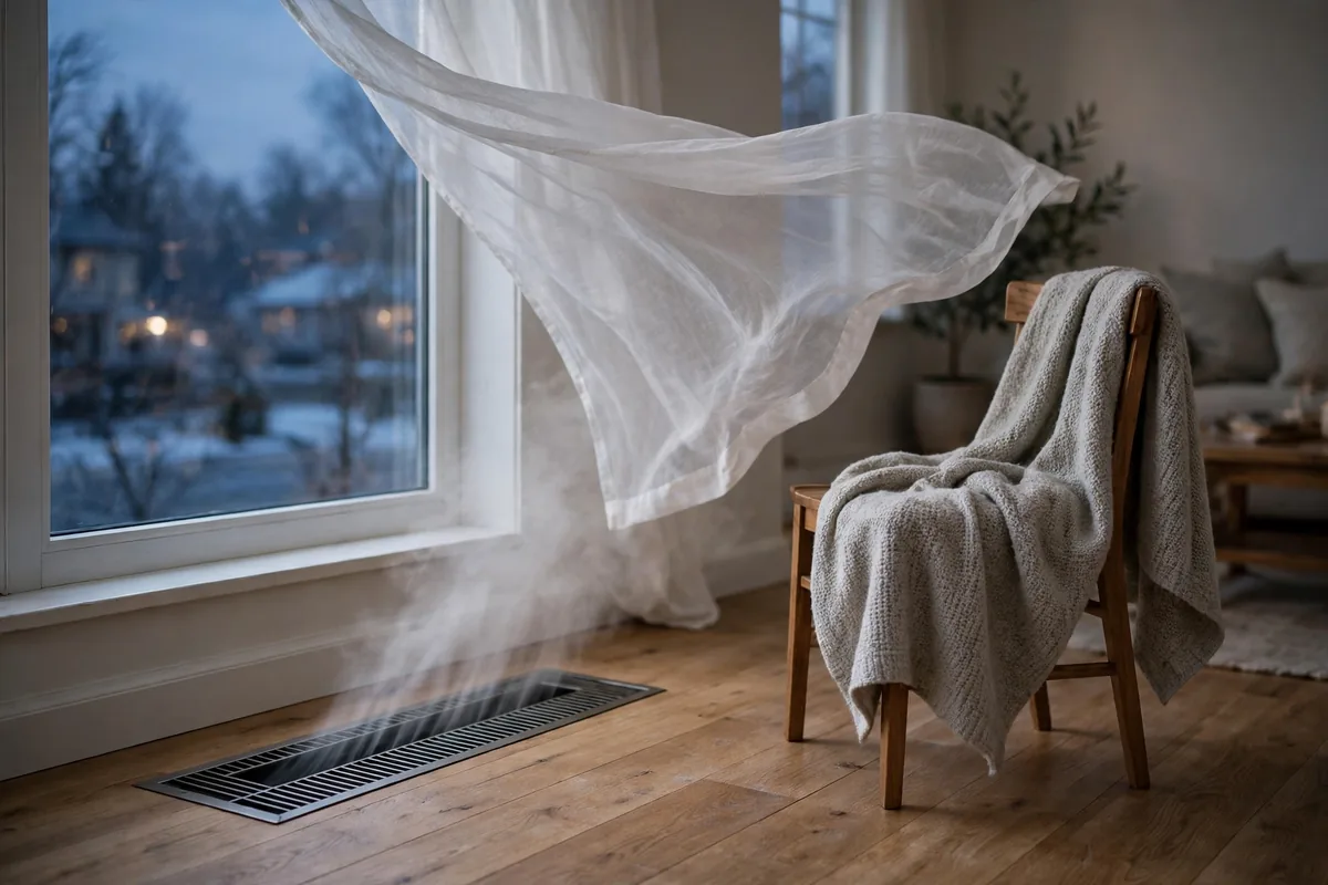 A floor vent with airflow lifting a sheer curtain in a living room
