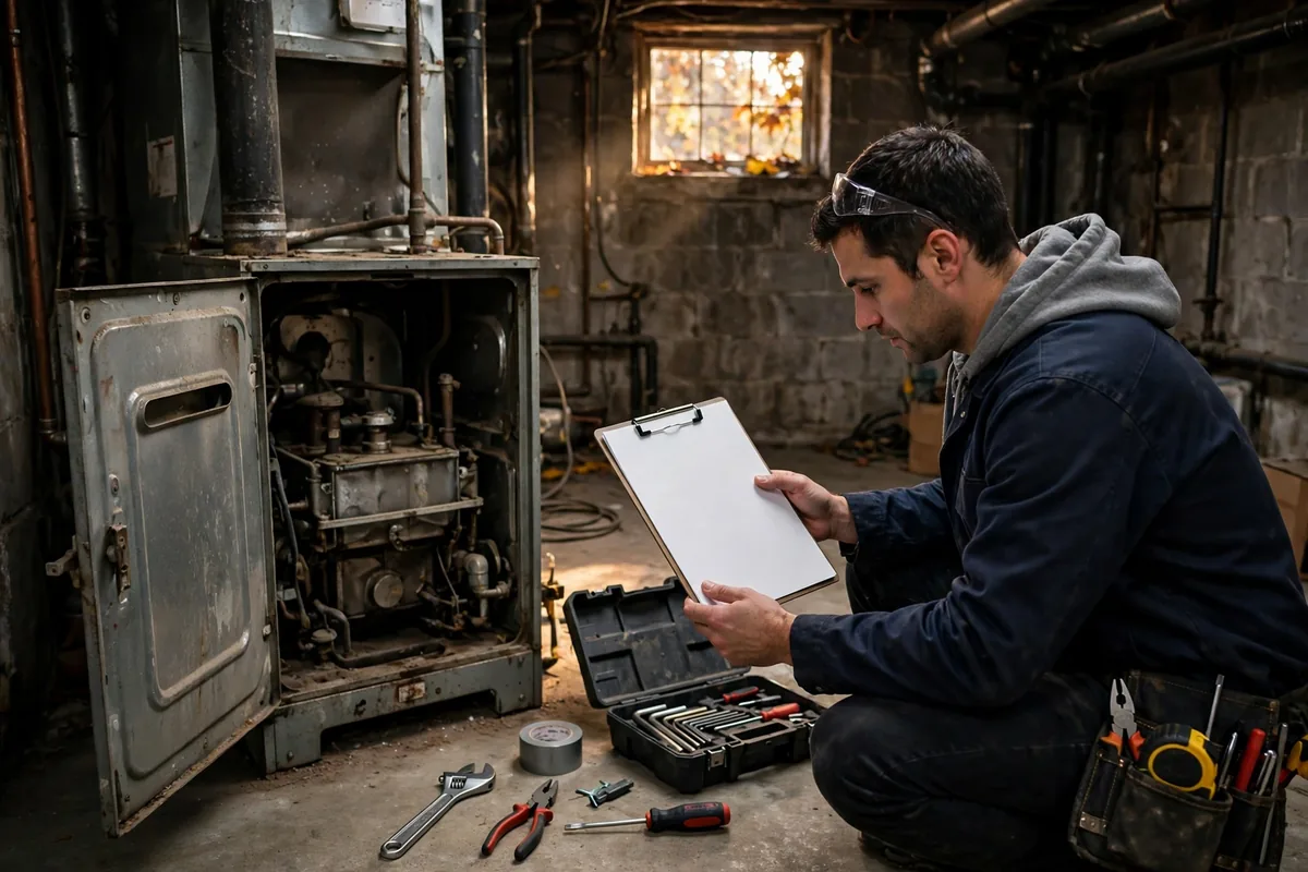 Technician reviewing a blank checklist beside an open furnace