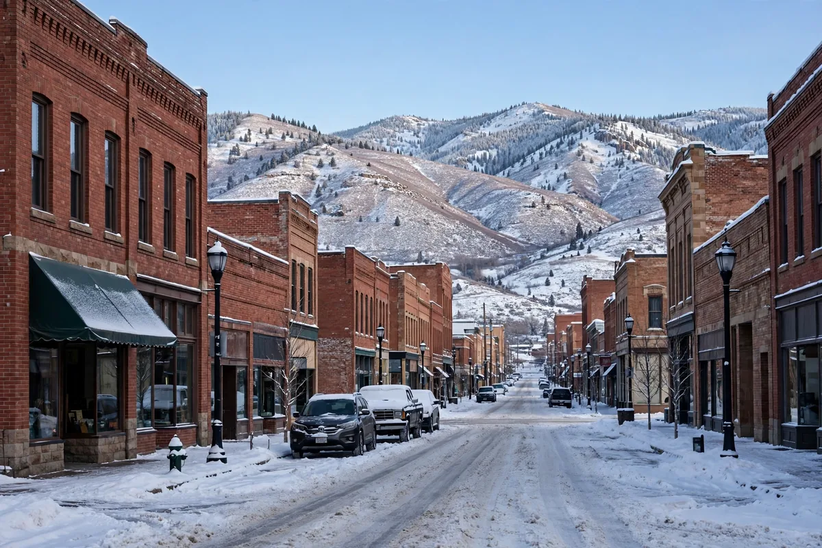 Downtown Casper street in winter with a snowy mountain ridge behind