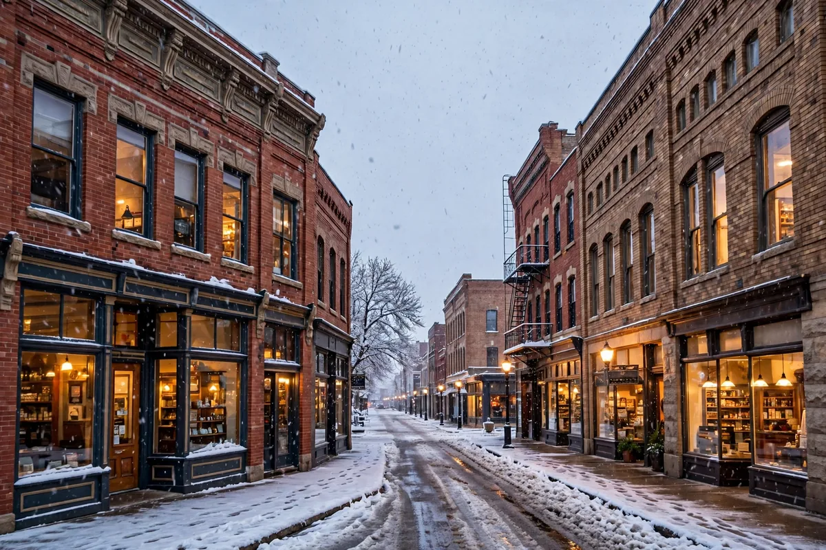 Historic downtown Cheyenne street in winter, brick storefronts under snow with warm shop lights