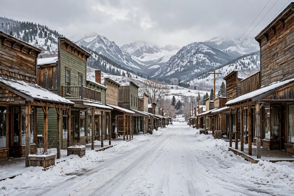 Western wooden storefronts on a Cody main street in snow