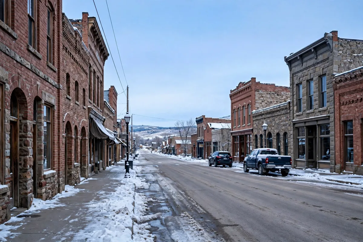 Historic brick and stone buildings on a Douglas main street in snow