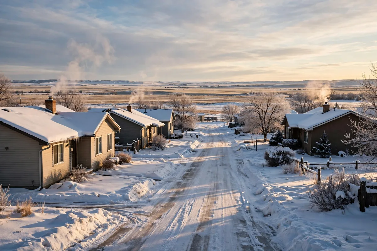 Snow-covered houses on a Gillette residential street with chimney smoke over the prairie