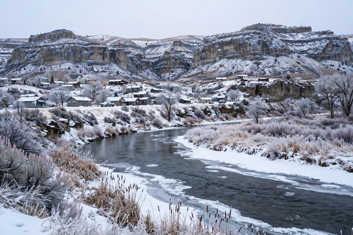 Green River town in a snowy river valley below rocky bluffs