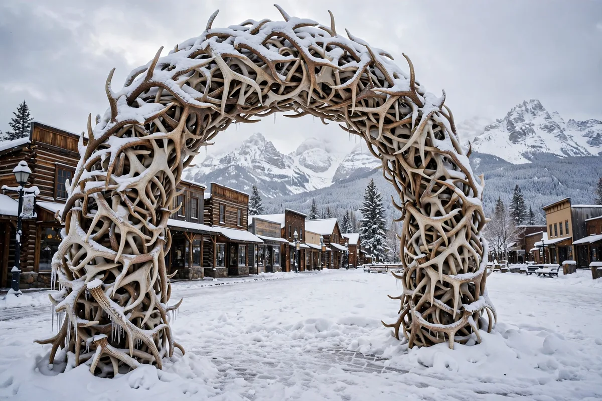 Elk antler arch on the Jackson town square in snow with the Tetons behind