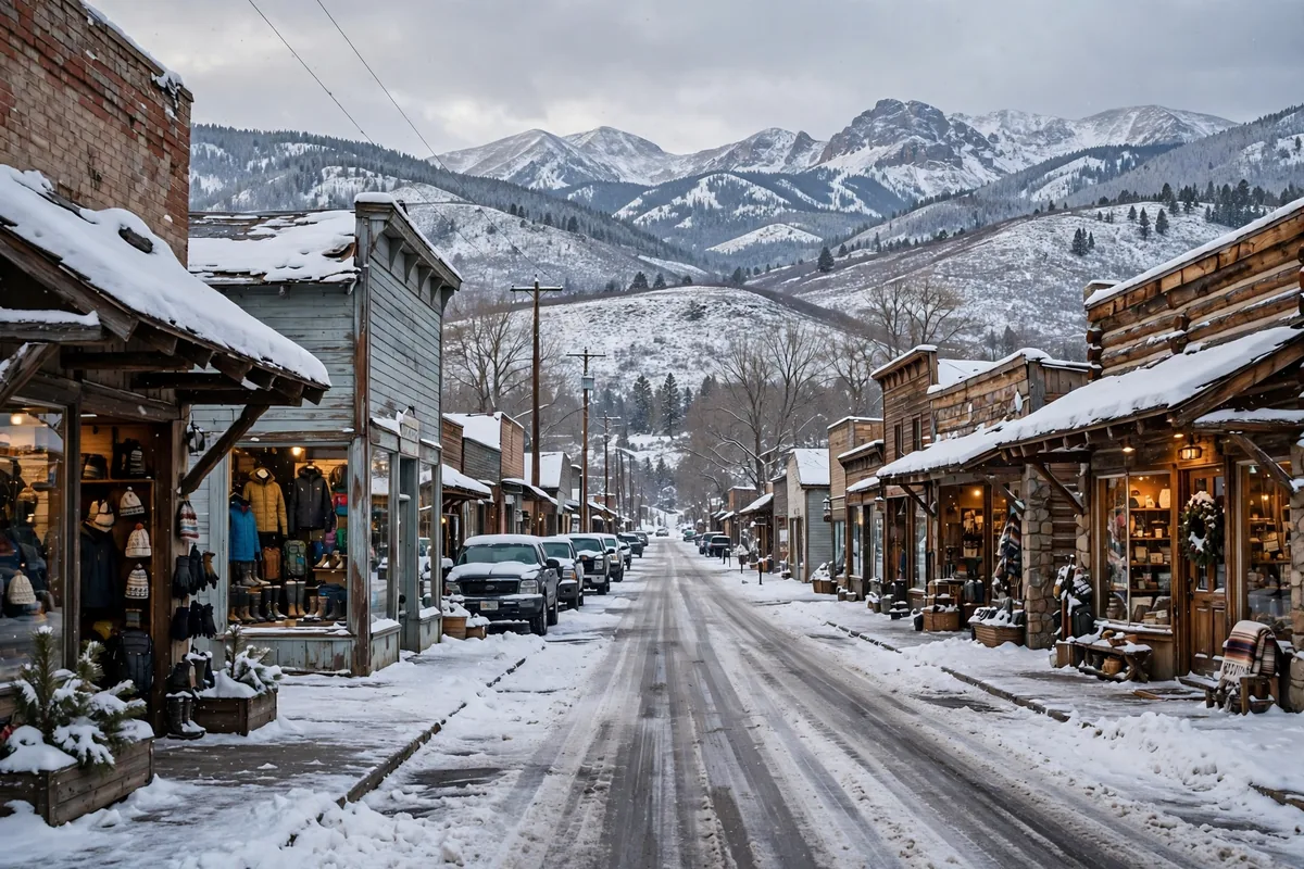 Lander main street in snow with Wind River Range foothills behind