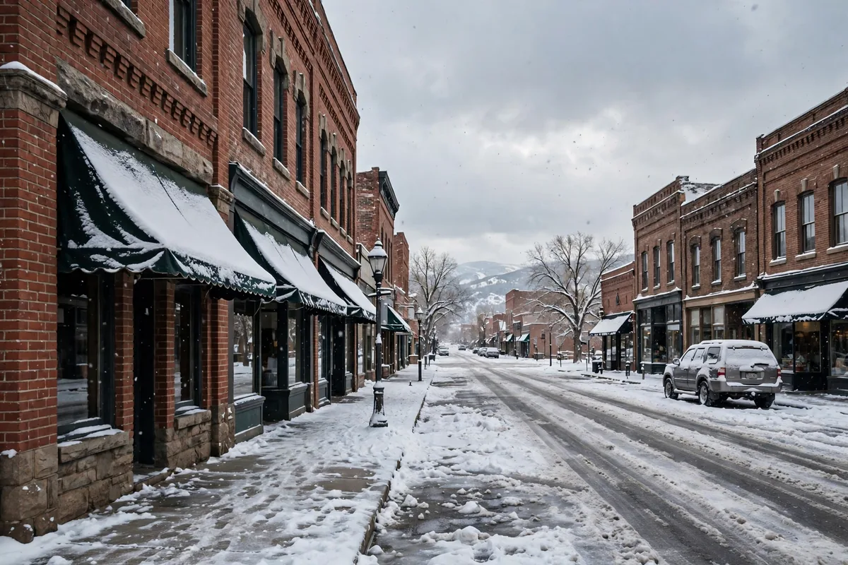 Historic downtown Laramie street in falling snow