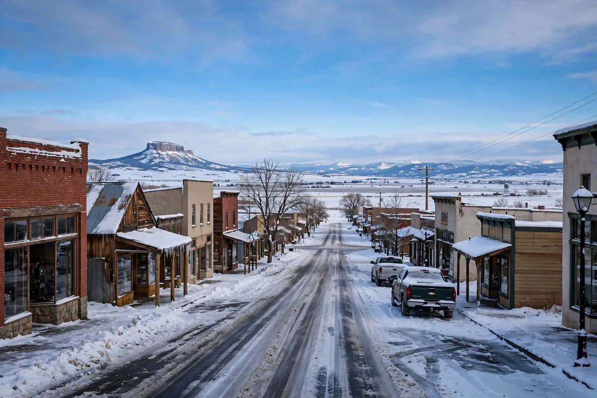 Powell main street in snow with open farmland beyond